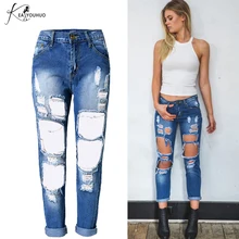 Новые Женские джинсы-бойфренды большого размера для женщин, рваные джинсы для женщин, свободные модные брюки для женщин, толстые мм дырявые джинсы на талии