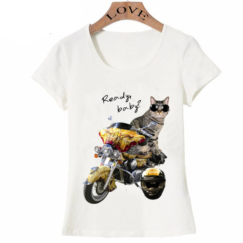 

2018 new Summer women's Tops Rider cat T-Shirt funny Motorcycle design tee shirt cool cat casual T Shirt cute moto girl Tees