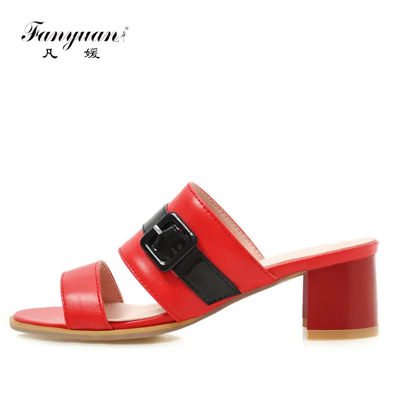 

Fanyuan Fashion Mixed Colors Summer Slippers Leisure Belt buckle decoration Outside Sandals Square High heel shoes Women Slides