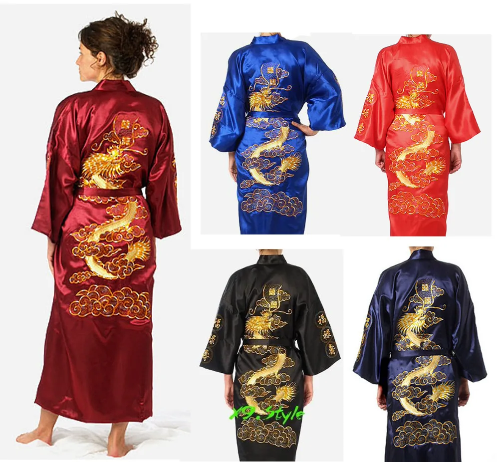 Free Shipping!Big Discount! Women's Embroider Dragon Silk Kimono Robe