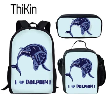 

THIKIN Girls School Bags Cute Dolphin Printing School Bags for Kids Preppy School Bagpack Children 3pcs/set Schoolbag Satchel