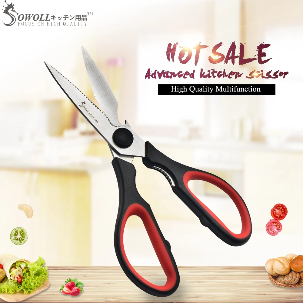 

New SOWOLL Brand Multipurpose Stainless Steel Kitchen Scissors Handmade Plastic Handle Serrated Blade Shear Cutter Cooking Tools