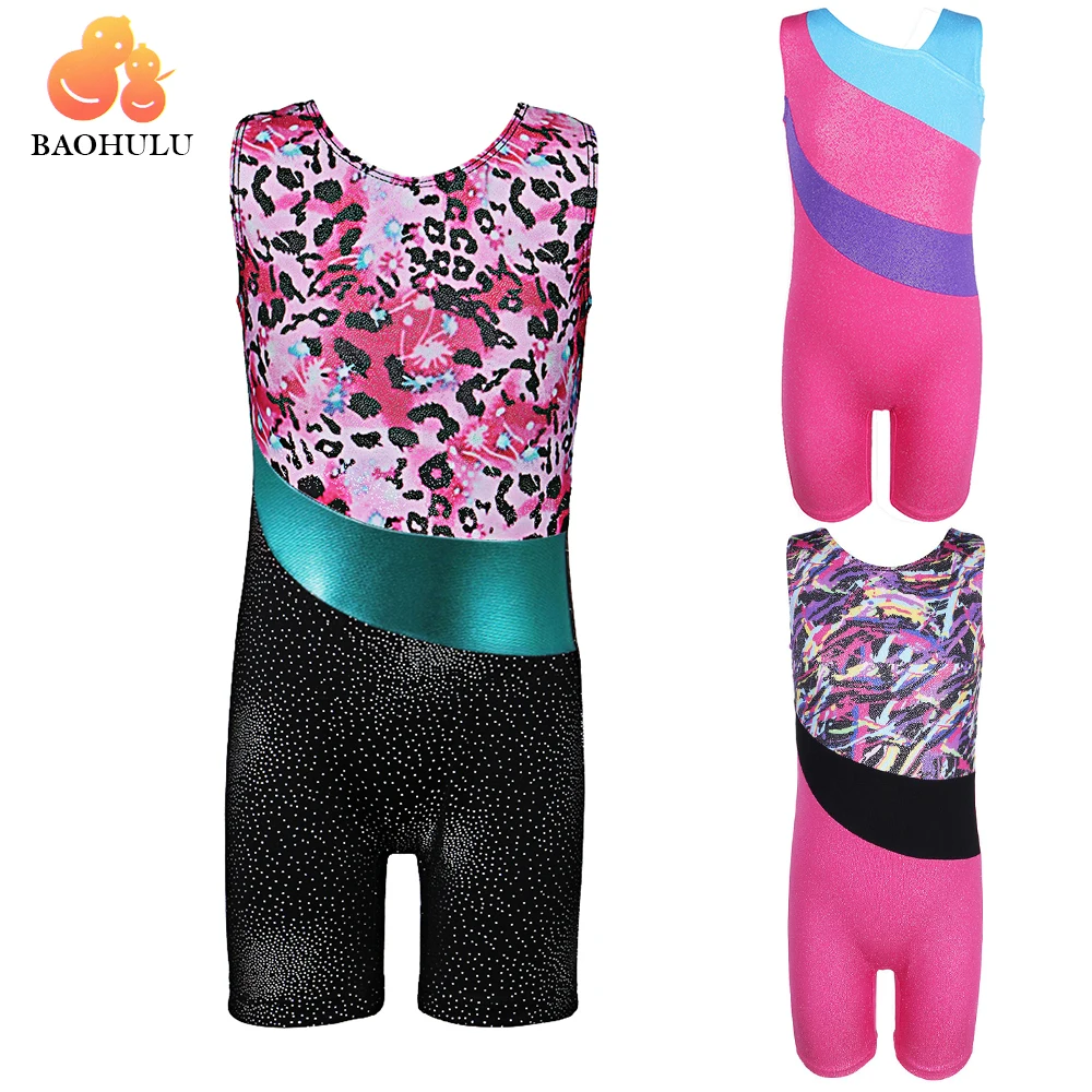 BAOHULU Purple Leopard Sleeveless Girls Leotard Shiny Gymnastic