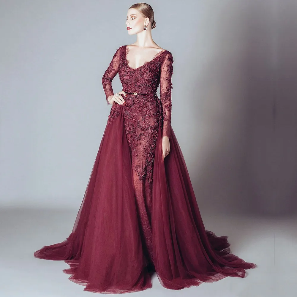 

Sexy Evening Dress 2019 V-neck Long Sleeve Beaded Appliques Lace Elie Saab Formal Dress For Prom Party Wedding Vestido Festa Hot