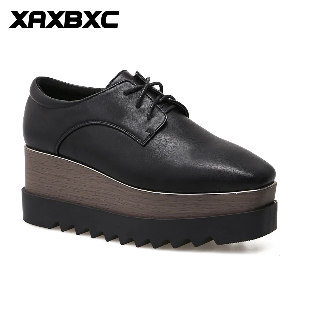 

XAXBXC 2018 New Summer Fashion Lace-Up Black Retro Platform Women Wedges Pumps Square Toe High Heels Woman Party Shoes