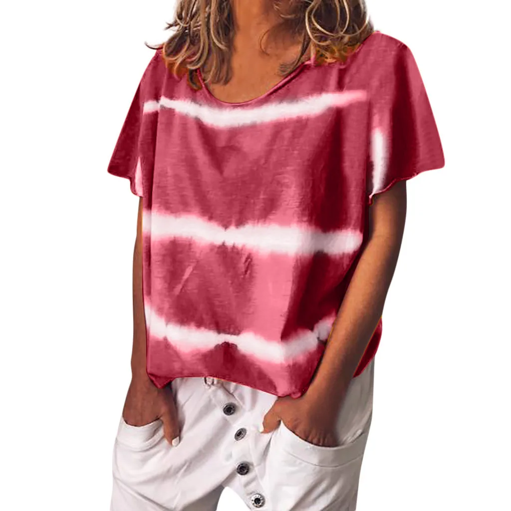 Women Blouse Tie Dye Print Short Sleeved Stripe O neck Tee shirt Tops Lady Plus Size Tunic Shirt Top Blusas Femininas|Блузки| |
