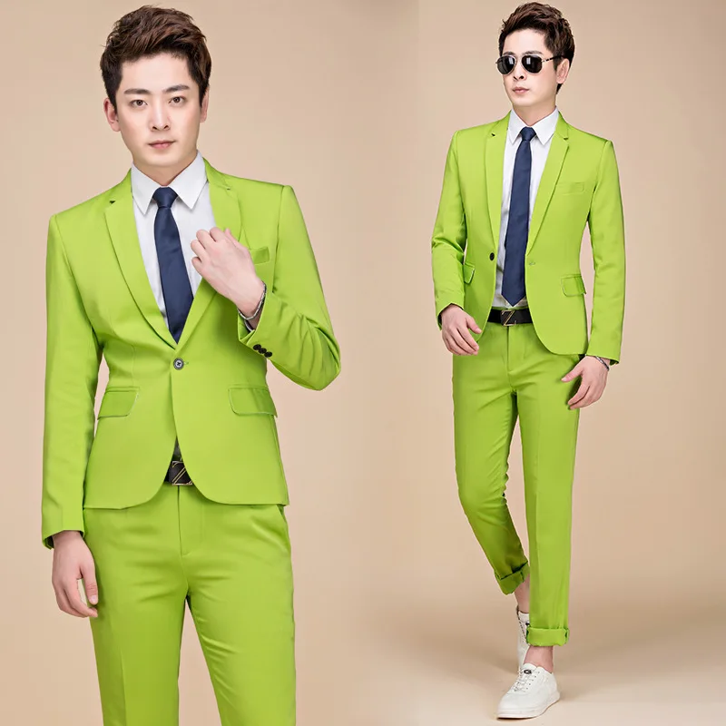 Цветной модный мужской свадебный костюм, желтый, розовый, зеленый, синий, фиолетовый, Мужской приталенный костюм, мужской костюм, куртка, пальто+ брюки - Цвет: Зеленый