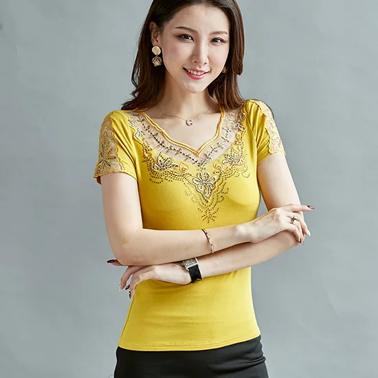 Модная женская блузка, рубашка, новинка, короткий рукав, сетчатая рубашка, элегантные бриллианты, полые женские топы, рубашки размера плюс, блузки - Цвет: Цвет: желтый