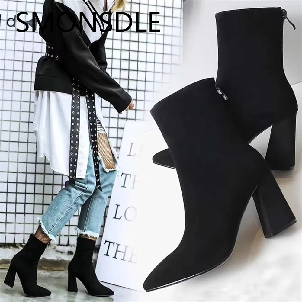 

SMONSDLE New Black Kid Suede Back Zip Women Autumn Winter Boots Pointed Toe Chunky High Heels Women Ankle Boots Shoes Woman
