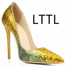 Mode High Heels Gold + Grün Frauen Pumpen Geprägtem Leder Damen Schuhe Mode Sexy Spitz Dünne Fersen 12 CM Party Schuhe