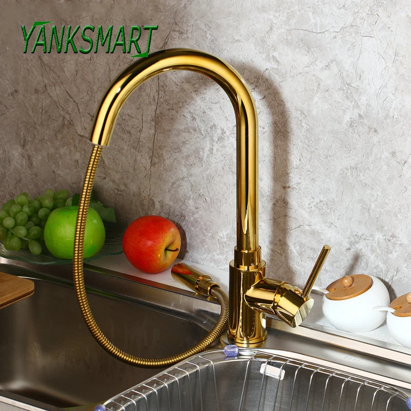 

YANKSMART Golden Plated Swivel Pull Out Kitchen Faucet Deck Mount Single Handle Tap 1 Hole Kitchen Rotated Cold & Hot Mixer Tap