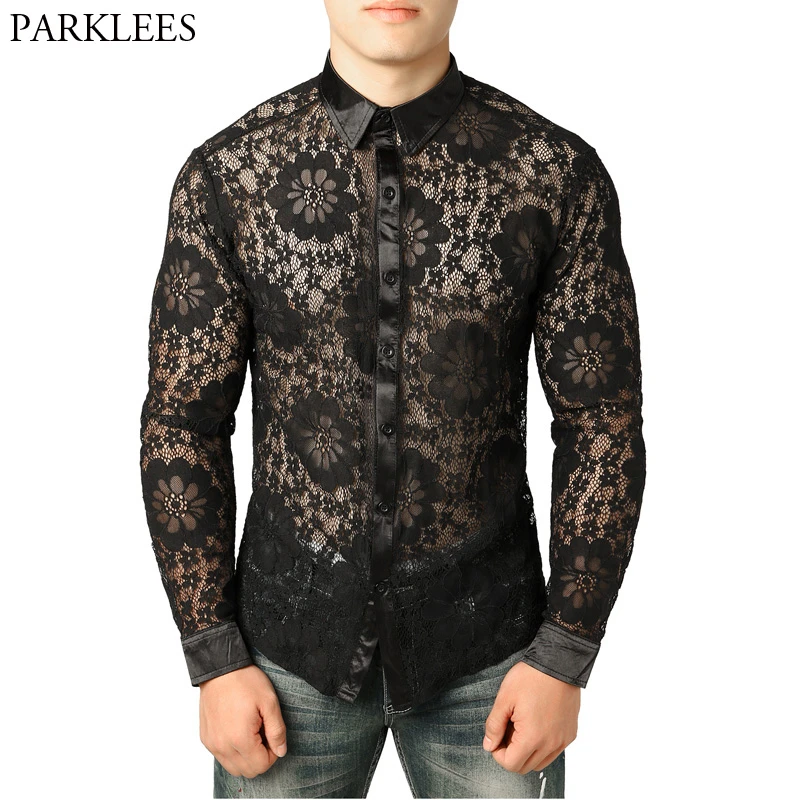 Camisa de encaje negro transparente para hombre, camisa Sexy de manga larga ajustada, de fiesta con bordado de flores, Tops transparentes|Camisas informales| - AliExpress