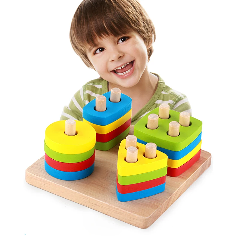 Kids Wooden Toys Montessori Geometric Assembling Shape Blocks Early