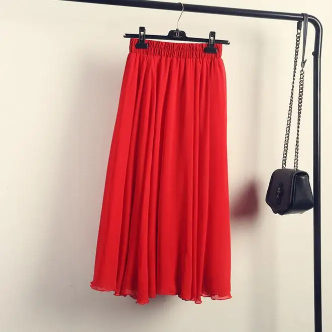Отличное качество, 3 слоя, высокая талия, большой круг, богемный стиль, Повседневная Макси юбка, женская модная шифоновая длинная юбка - Цвет: Красный