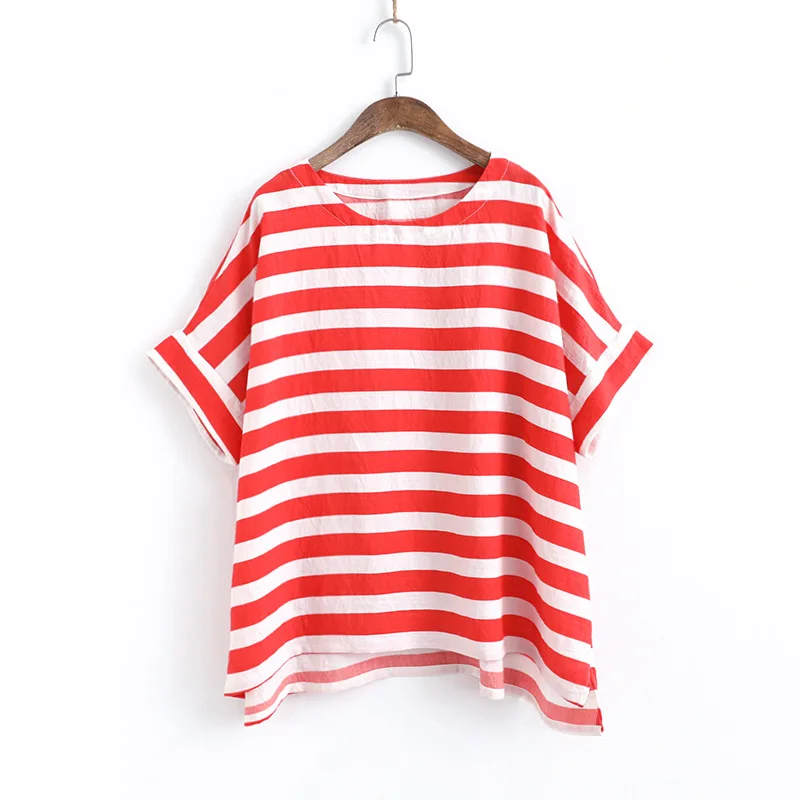 

Johnature Casual Korean Cotton Hemp Women Bat Shirts 2019 Summer New All-match O-neck Short Sleeve 2 Colors Fashion Women Shirts