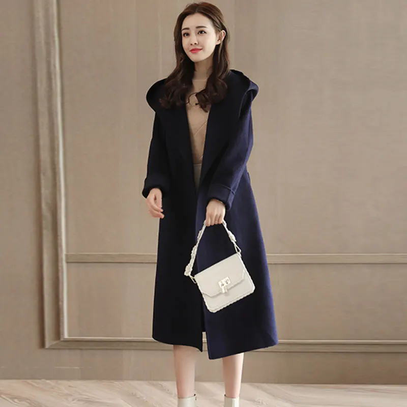 Двухстороннее кашемировое длинное зимнее шерстяное пальто с капюшоном больших размеров для женщин, новинка, Женская шерстяная куртка высокого качества, пальто casaco 575 - Цвет: Navy blue