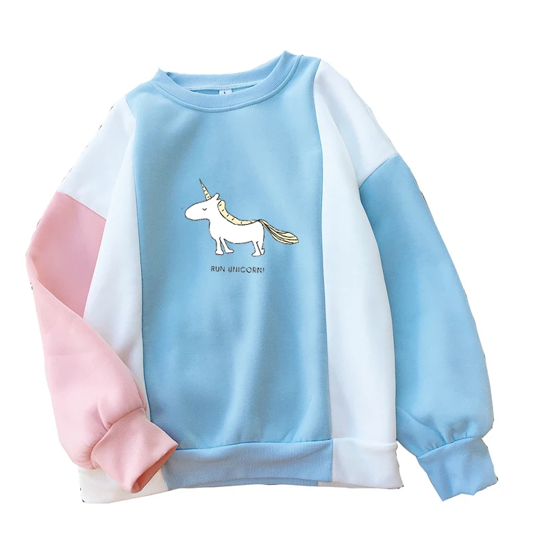 

Harajuku Women Hoodies Autumn Winter Patchwork Contrast Color Block Sweatshirts Kawaii Unicorn unicornio Printed Jumper Moletom