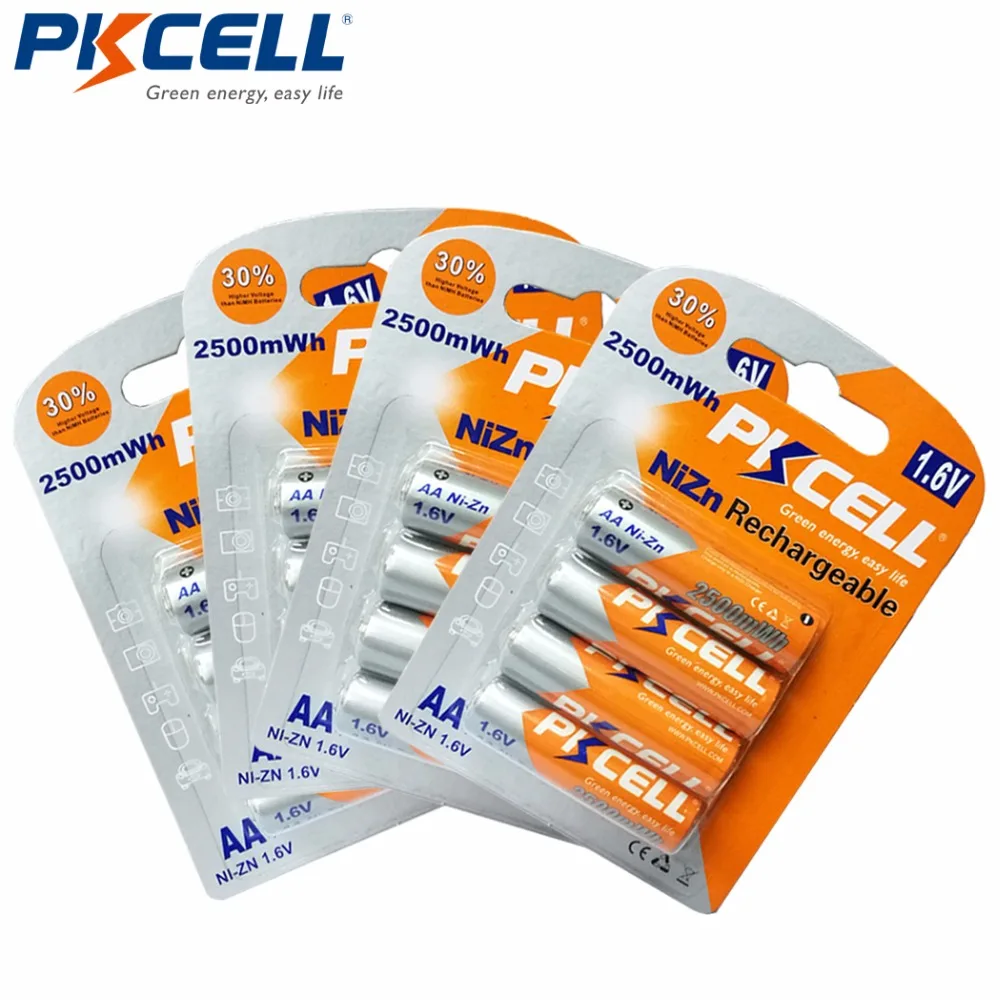 16PCS/4C PKCELL Ni Zn 1.6V Nickel Zinc 2500mWh AA Rechargeable