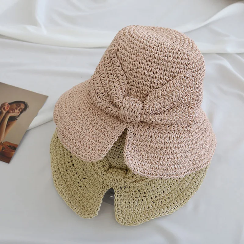 Складная упаковываемая тканевая шляпа с бантом и шнуровкой, соломенная шляпа, летняя пляжная шляпа для женщин с защитой от УФ-лучей