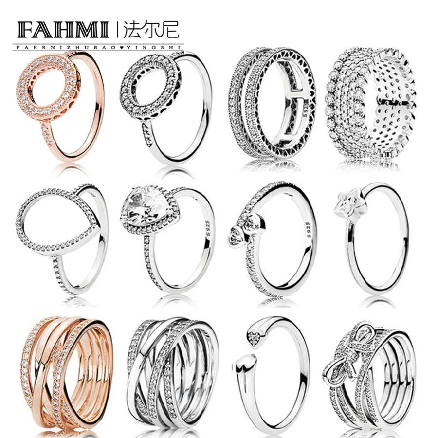 

FAHMI 100%925 Sterling Silver Jewelry Zircon Charm Heart-Shaped Water Drops Stars Ring Bow Round Hollow Rose Gold Ring