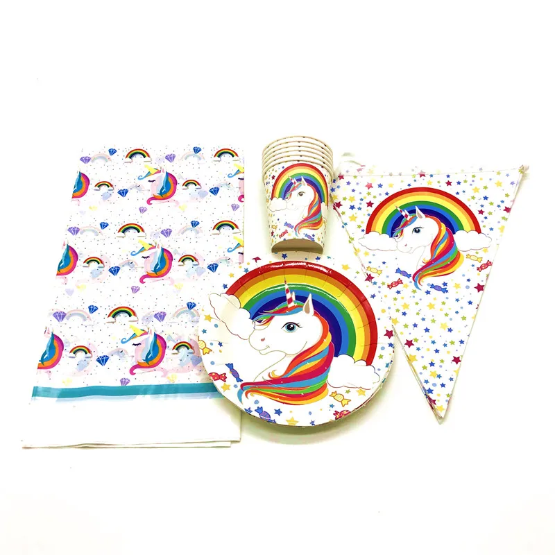 

Rainbow Unicorn Disposable Paper Cup+Plate+Banner Kid Birthday Theme Party Family Party Flag Tablecover Decoration Supply 37Pcs