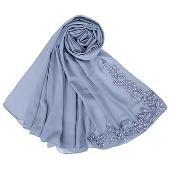 

Women Muslim Bubble Chiffon Plain Shawl Hijab Head Scarf Embroidery Pearl Flower Malaysia Muslim Shawls Veils Head Cover Scarves