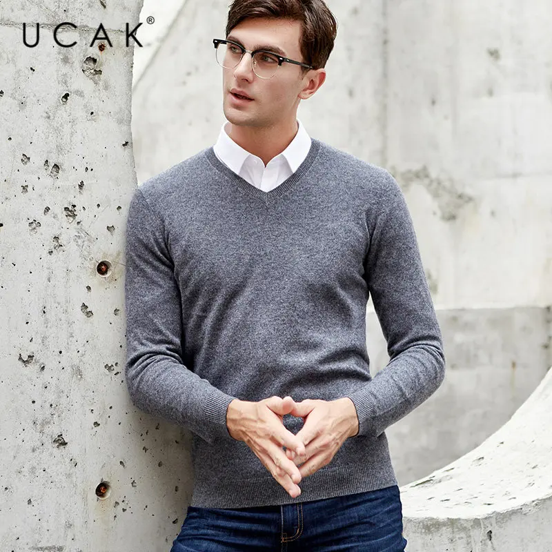 UCAK Brand Sweater Men Classic V Neck Pull Homme Pure Merino Wool Pullover Men Autumn Winter 5