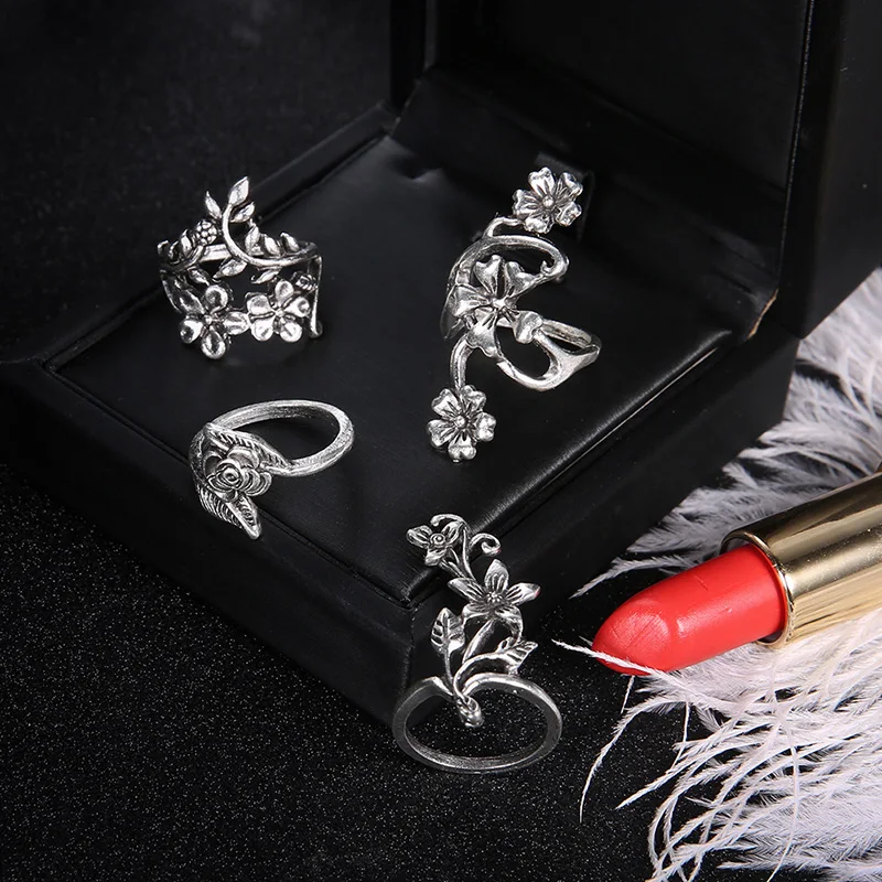Кольцо в форме листа, 4 шт., Bague Femme, винтажные кольца на кончик пальца для женщин, турецкий большой цветок, лист, кольцо на палец средней длины, набор, Boho, панк, ювелирное изделие