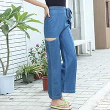 Джинсы для Для женщин Высокая Талия расклешенные джинсы Винтаж широкие брюки тонкие джинсы Рваные Джинсы женские#9086