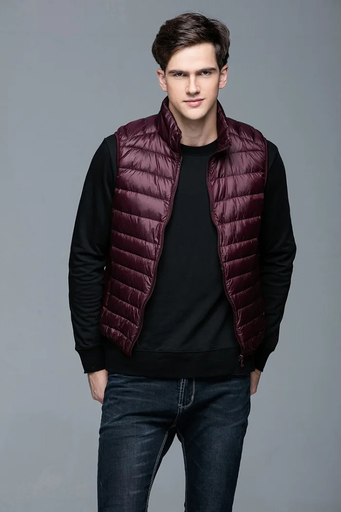 Мужской теплый Сверхлегкий пуховик, жилеты, мужской однотонный тонкий зимний жилет, мужские легкие пальто, брендовая одежда SA024 - Цвет: Dark Red