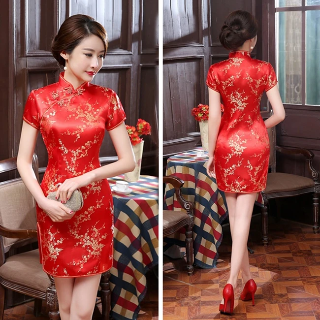 Винтажное элегантное мини платье Чонсам атласное с коротким рукавом китайское платье Ципао вышитое сливой Чонсам костюм Тан для женщин
