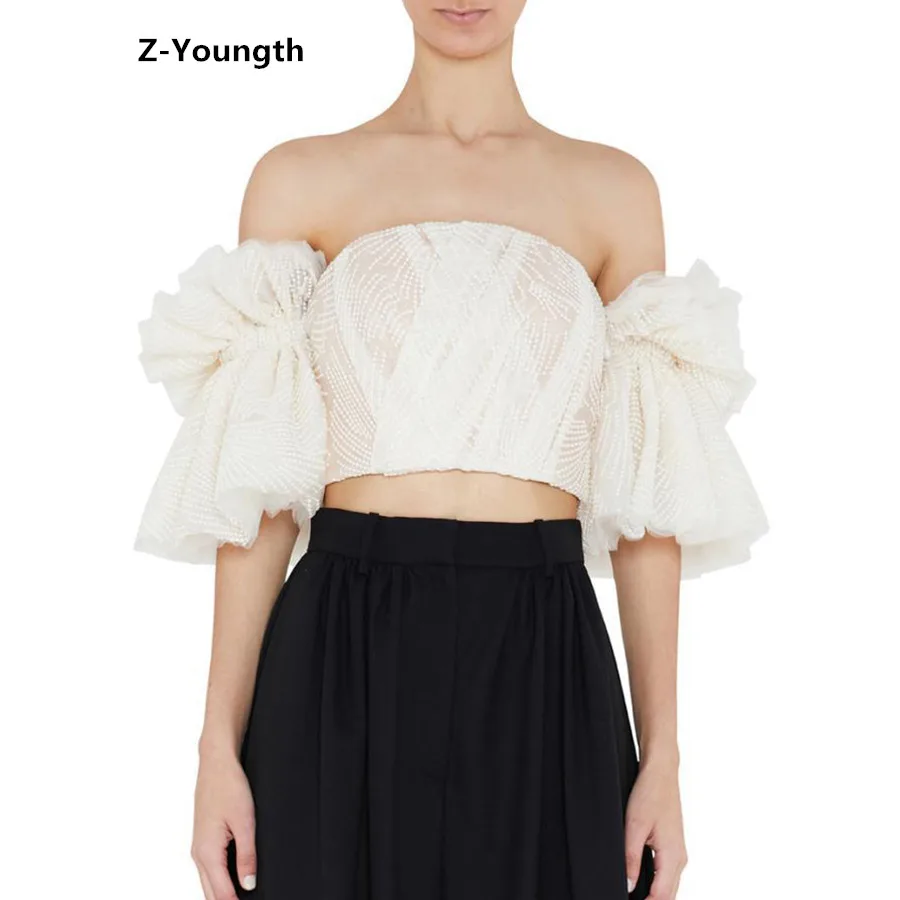 2018 Summer Apricot Asymmetric Personality Top Beading Lace Mesh Off Shoulder Crop Backless Sexy Short Style Women Top Blouses