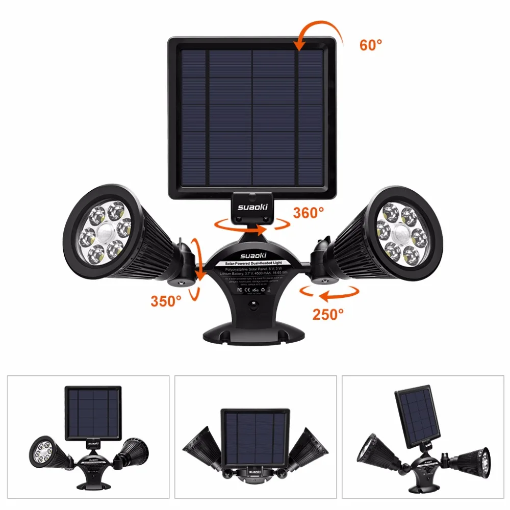 

Suaoki Double Spotlights Solar Motion Sensor Light 360 Degree 12 LED Rotatable Security Light with 4500mAh Rechargeable Battery