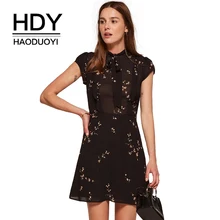 HDY Haoduoyi мода летная женская платье ретро А персонаж печатная короткими рукавами мини элегантное платье изгиб O ведущих партии черная юбка