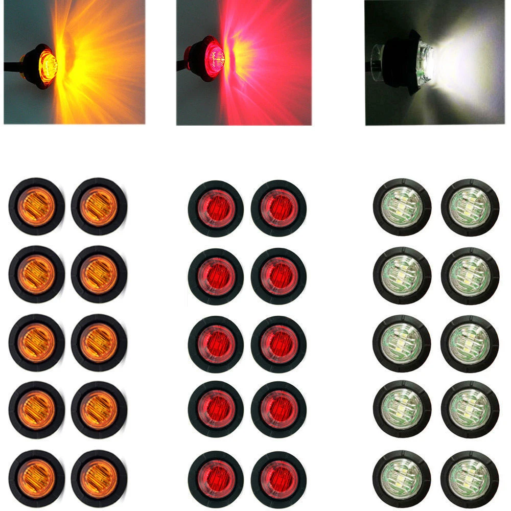 30Pcs Red Yellow White 12V 3 4 Round LED Truck Trailer Pickup Side Marker Indicators Light