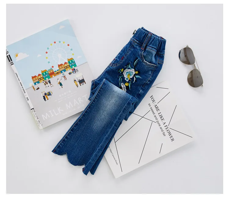 Kids Girls Flower Embroidery Blue Flared Jeans 26