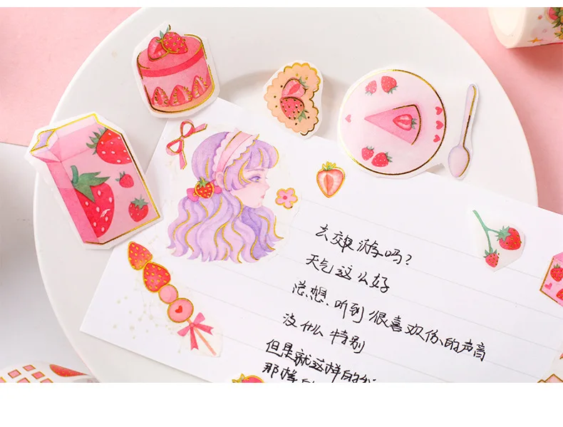 Cute Strawberry Party Series Bullet Journal gold Washi Tape Decorative Adhesive Tape DIY Scrapbooking Sticker Label Stationery