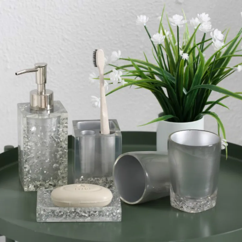 5pcs Bathroom Accessories Set Crystal Ice Flower Transparent Acrylic Soap Dish Dispenser Toothbrush Holder Tumbler Wash Kit