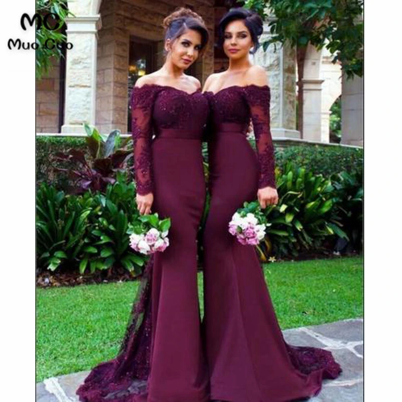 burgundy off the shoulder bridesmaid dress