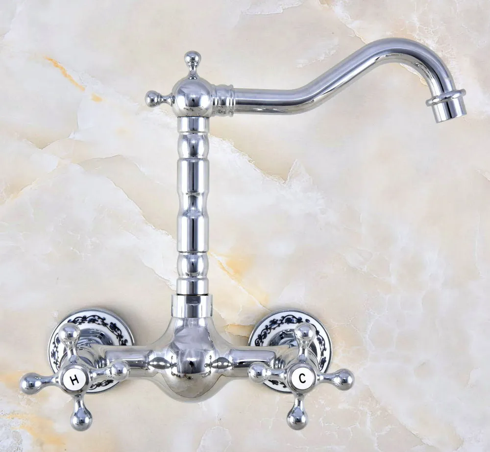 Polished Chrome Brass Ceramic Flower Base Wall Mounted Kitchen Sink Faucet Swivel Spout Mixer Tap Dual Cross Handles anf581