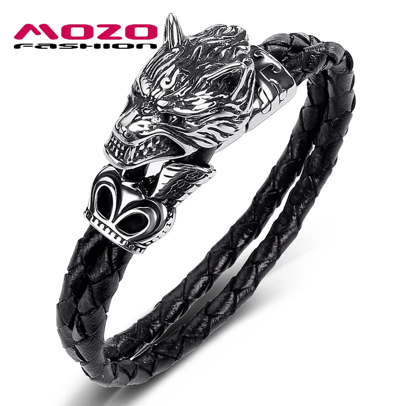 

MOZO FASHION Men Jewelry Black Double Layer Leather Bracelet Stainless Steel Punk Ferocious wolf Charm Bracelets Men Gift PS1043