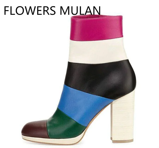 

Chic Mixed Color Wine Red Green Blue Black White Rose Red Striped Ankle Boots For Women Round Toe High Square Heel Shoes Woman