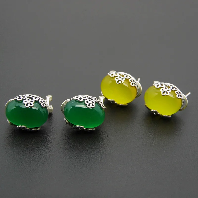 

Natural Chalcedony Earring 925 Silver Women Vintage Green Yellow Stone S925 Thai Sterling Silver boucle d'oreille Stud Earrings