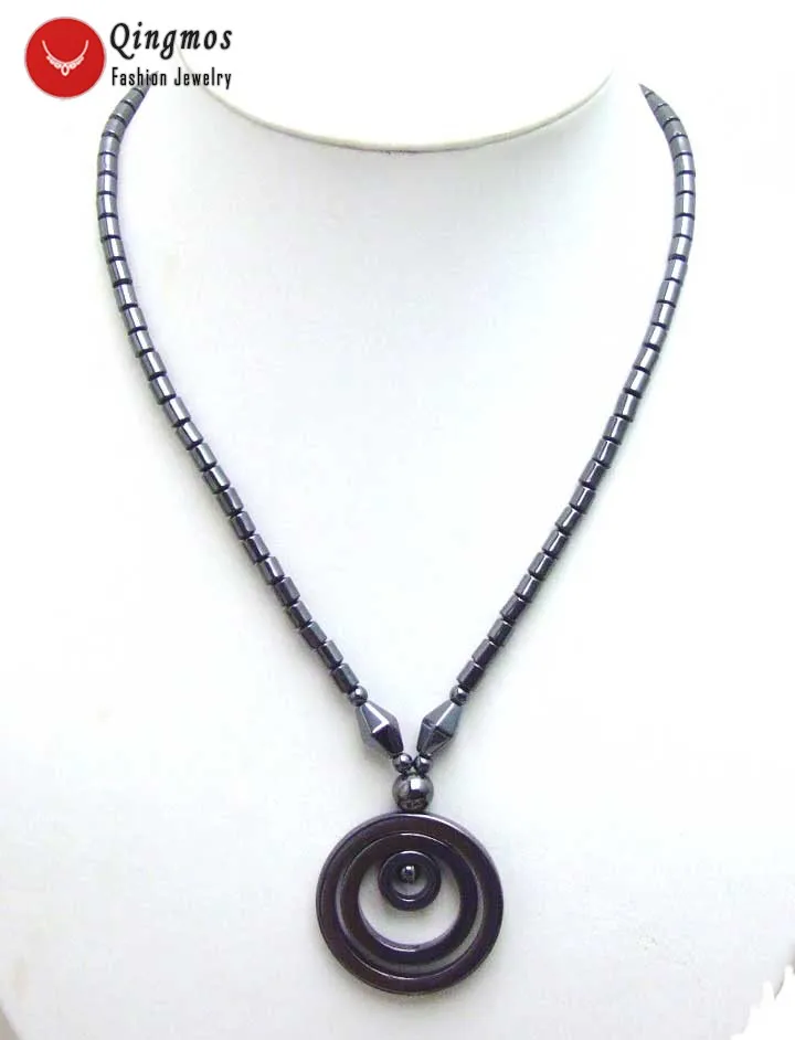 

Qingmos Natural Hematite Black 38mm Circle Pendant Necklace for Women with Knurl Shape Hematite Chokers Necklace Jewelry 18"