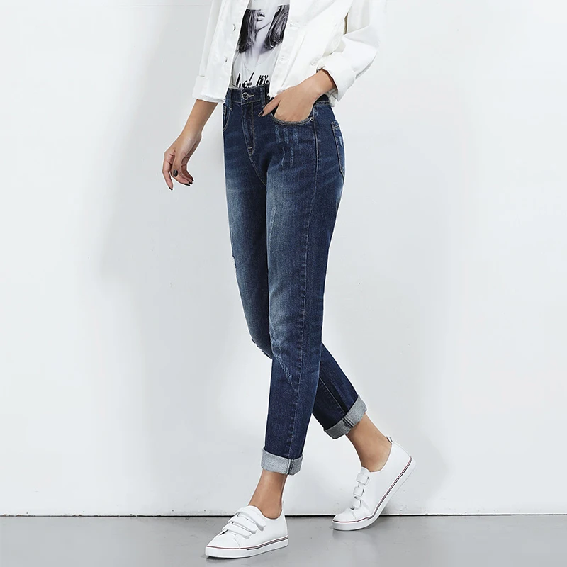 Женские прямые джинсы стрейч LEIJIJEANS рваные синие повседневные полной длины со