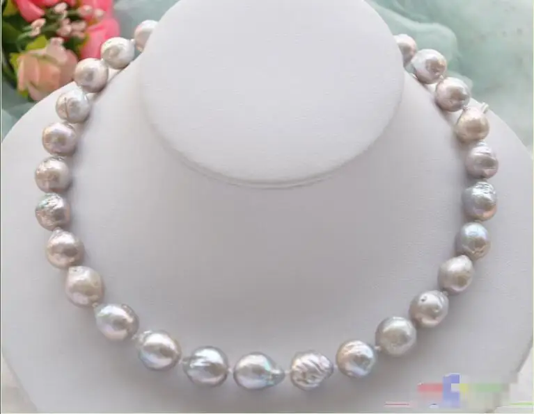 

Free shipping hot sale Women Bridal Wedding Jewelry >>Lustre 17" 13mm GRAY almost round BAROQUE Edison PEARL NECKLACE