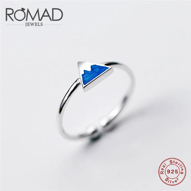 

ROAMD 100% 925 Solid Real Sterling Silver Jewelry Blue Triangle An iceberg Ear ring Opening Ring For Teen Girl Lady Gift R4