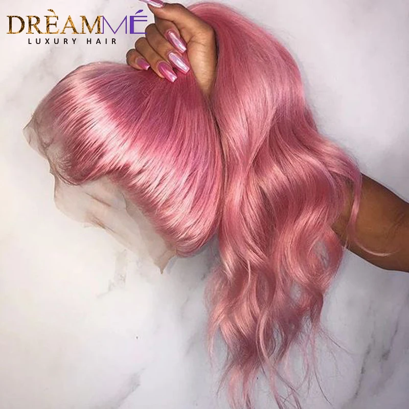 Парики из натуральных волос на кружеве розового цвета, волнистые прозрачные парики из натуральных волос для женщин, короткие волнистые парики из натуральных волос