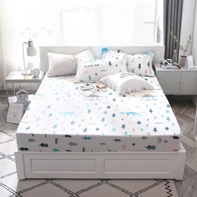 

Colored Small Tree Pattern 3Pcs 100% Cotton Printed Solid Fitted Sheet Mattress Cover Four Corners With Elastic Band Bed Sheet