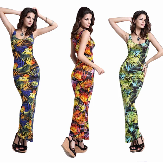 1458 2016 Femmes Sexy Summer Slim Manches Col Rond Fleurs Robe Mi Longue Plage Robes Robe Dété Gilet S M L Xl Xxl Réservoir Extensible Dans Robes